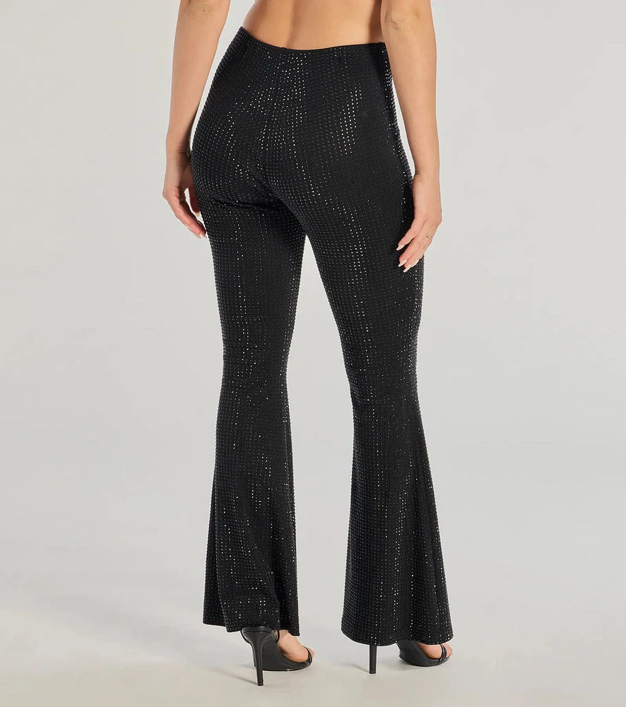 Rachael Flare Pants for Women's Stretch 1980s Sparkle With Rhinestones