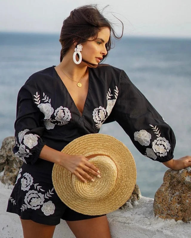 Women's Vintage V-Neck Black Flower Shorts Casual Jumpsuit