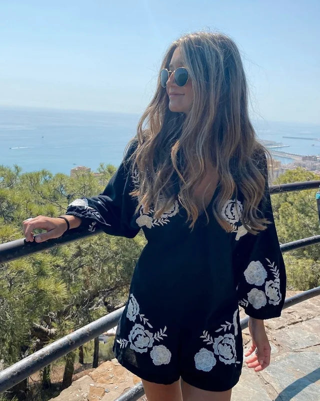 Women's Vintage V-Neck Black Flower Shorts Casual Jumpsuit