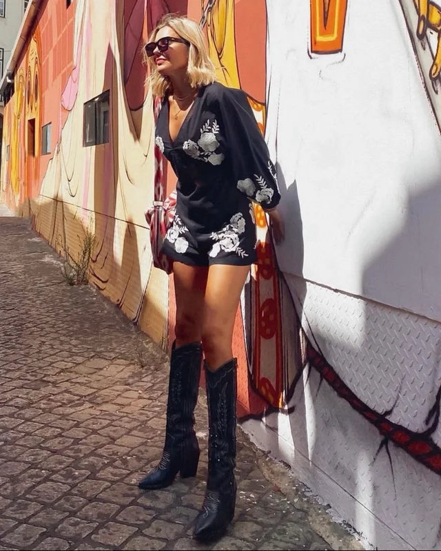 Women's Vintage V-Neck Black Flower Shorts Casual Jumpsuit