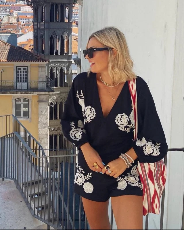 Women's Vintage V-Neck Black Flower Shorts Casual Jumpsuit