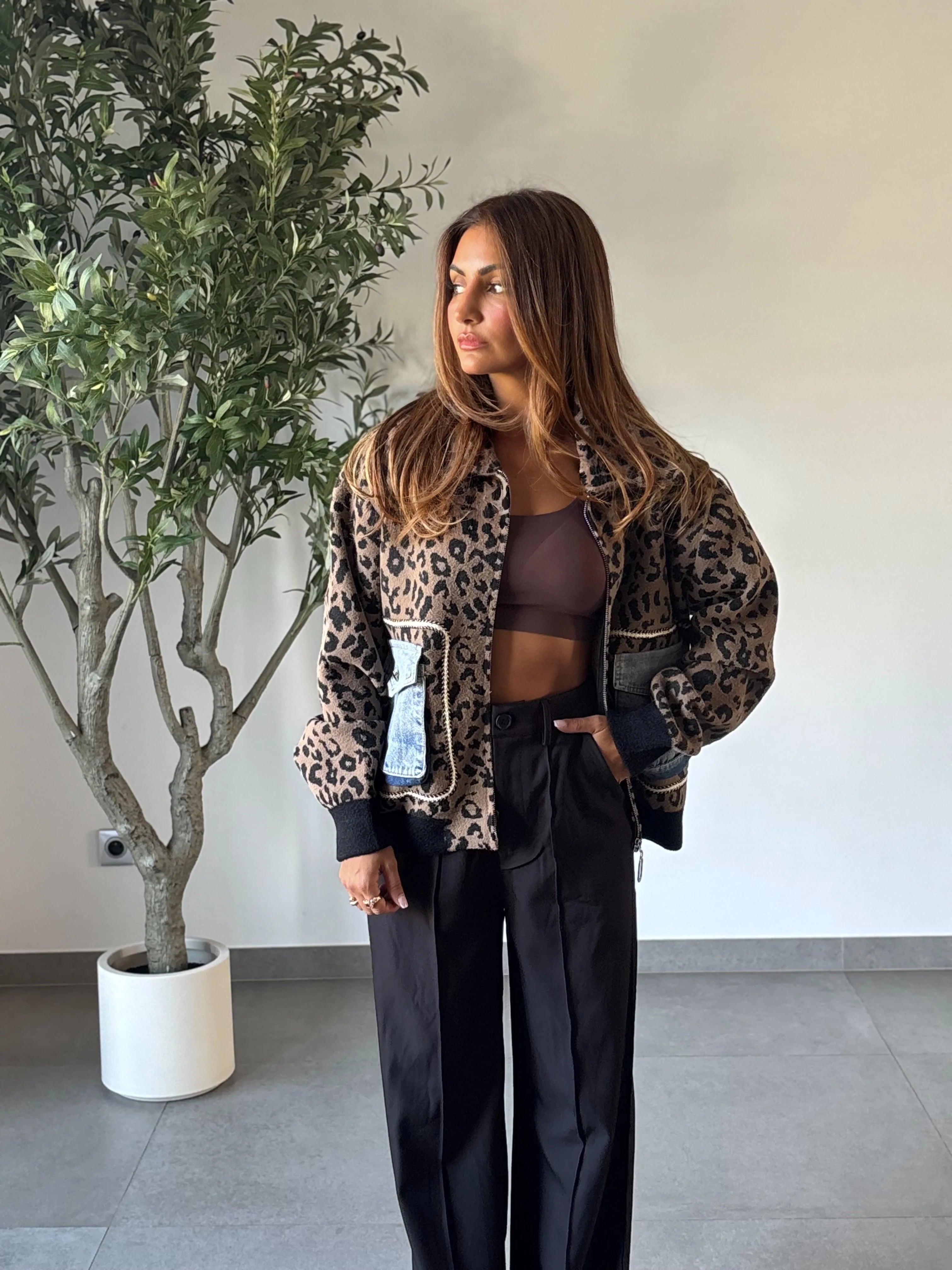 Helios Leopard print with blue denim Pockets Jacket