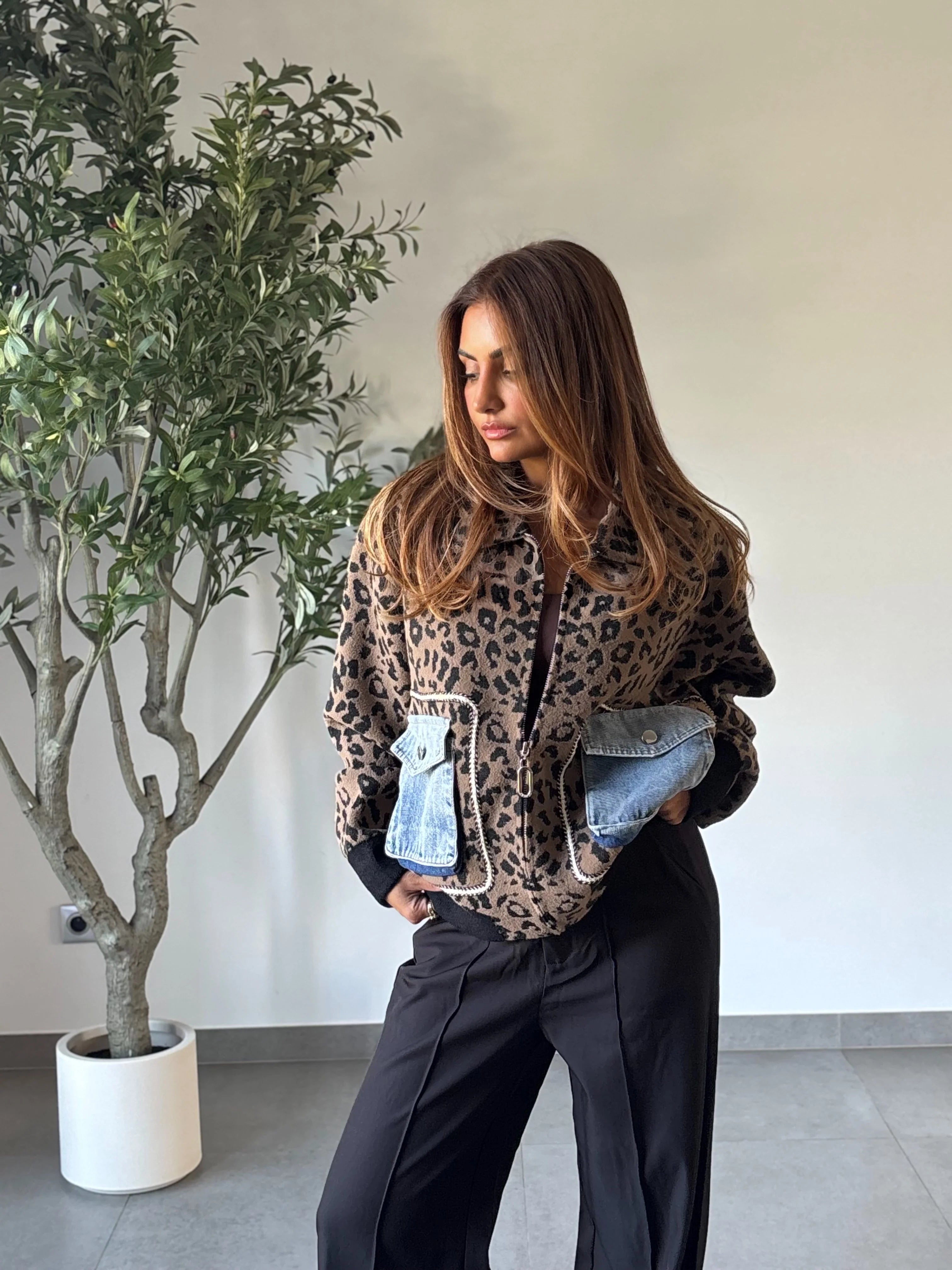 Helios Leopard print with blue denim Pockets Jacket