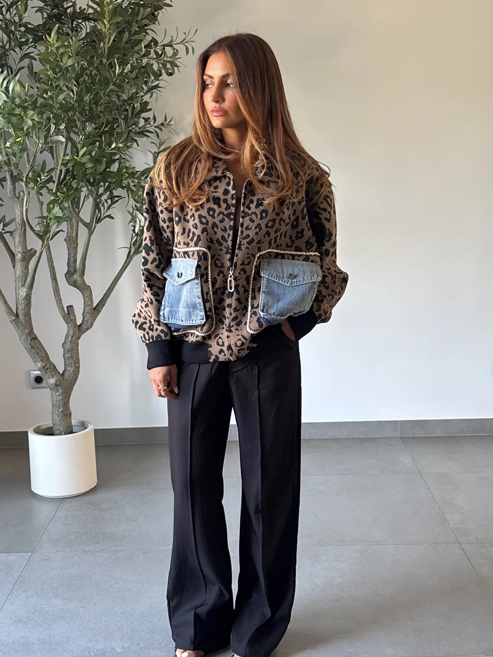 Helios Leopard print with blue denim Pockets Jacket