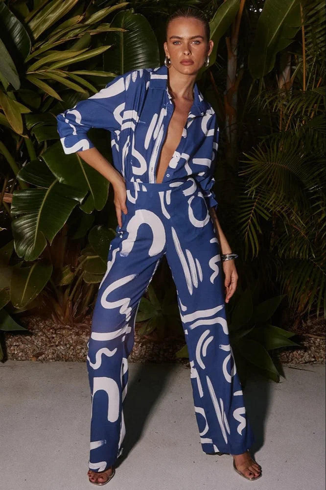 Korean BSY Pajama Set With Allover Abstract Print Shirt & Wide Leg Pants