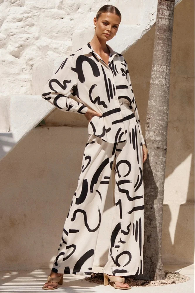 Women's  Piece Abstract Print Outfits With Long Sleeve and Wide Palazzo Pants Sets