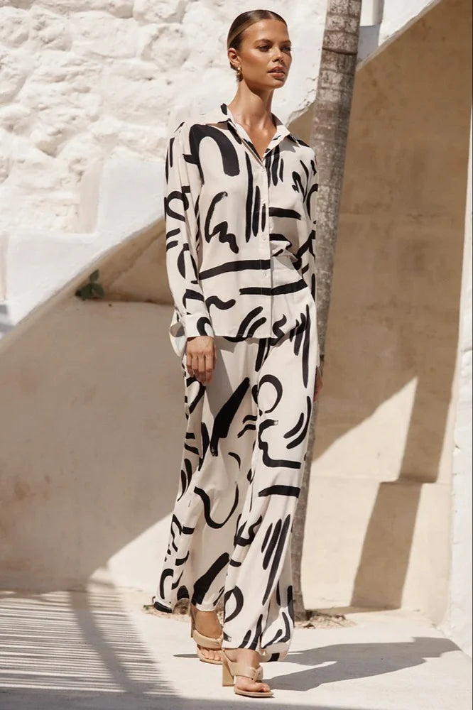 Women's  Piece Abstract Print Outfits With Long Sleeve and Wide Palazzo Pants Sets