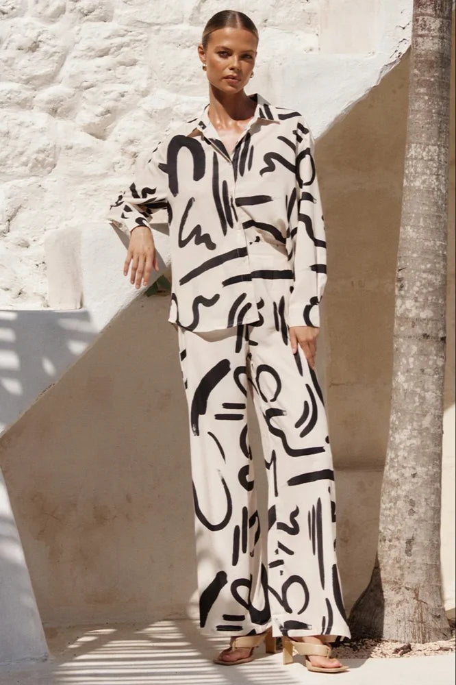 Women's  Piece Abstract Print Outfits With Long Sleeve and Wide Palazzo Pants Sets