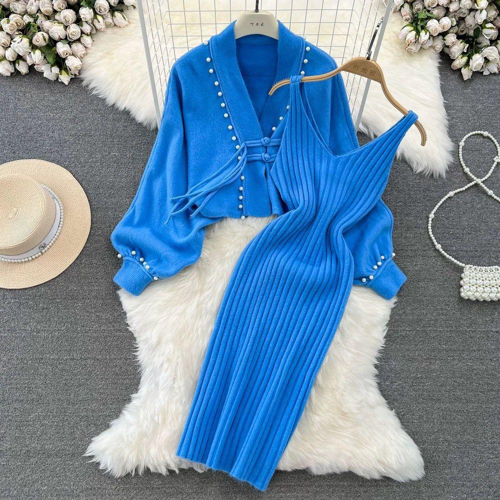 Women Beaded Frog Button V Neck Knitted Sweater Cardigan Sleeveless 2 Pcs Dress