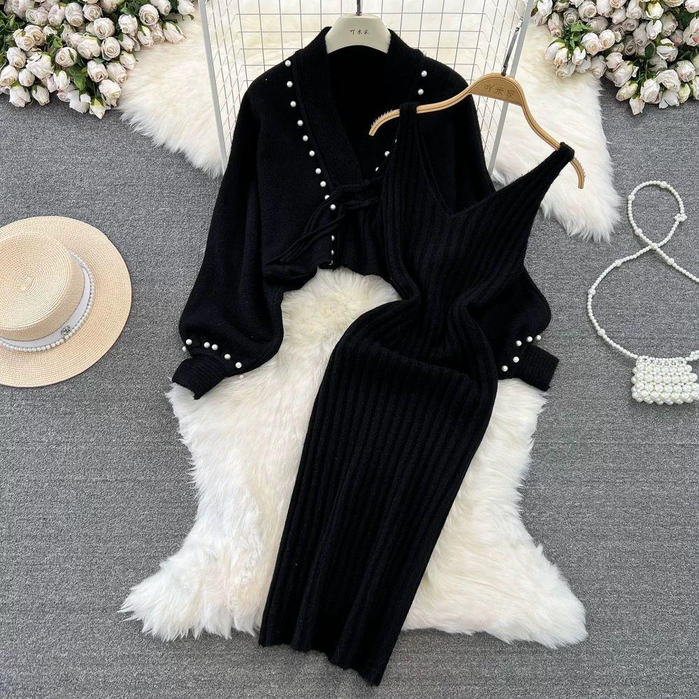 Women Beaded Frog Button V Neck Knitted Sweater Cardigan Sleeveless 2 Pcs Dress