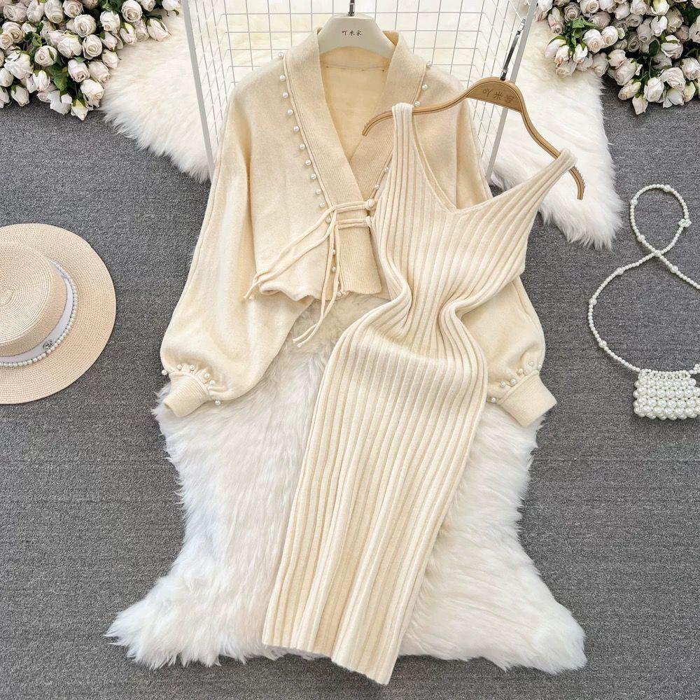 Women Beaded Frog Button V Neck Knitted Sweater Cardigan Sleeveless 2 Pcs Dress