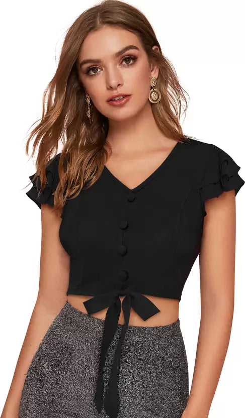 Casual Regular Sleeves Solid Women Black Top V-neck