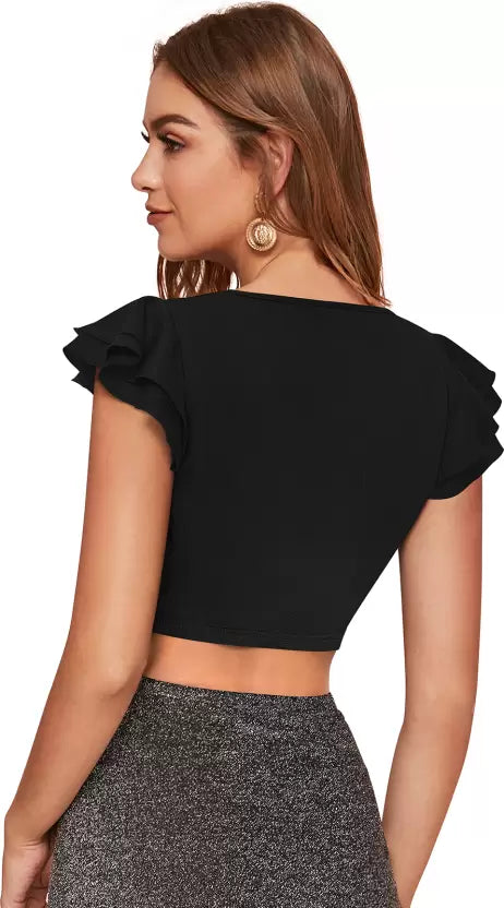 Casual Regular Sleeves Solid Women Black Top V-neck