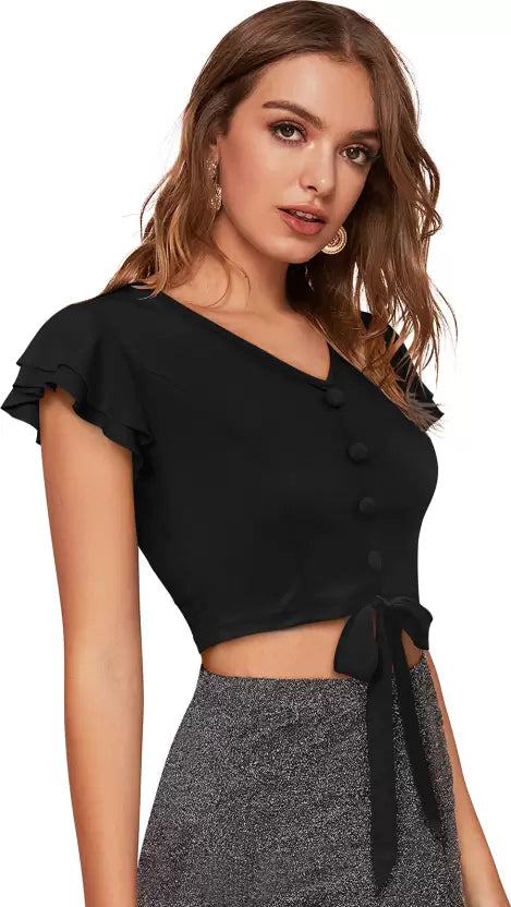 Casual Regular Sleeves Solid Women Black Top V-neck