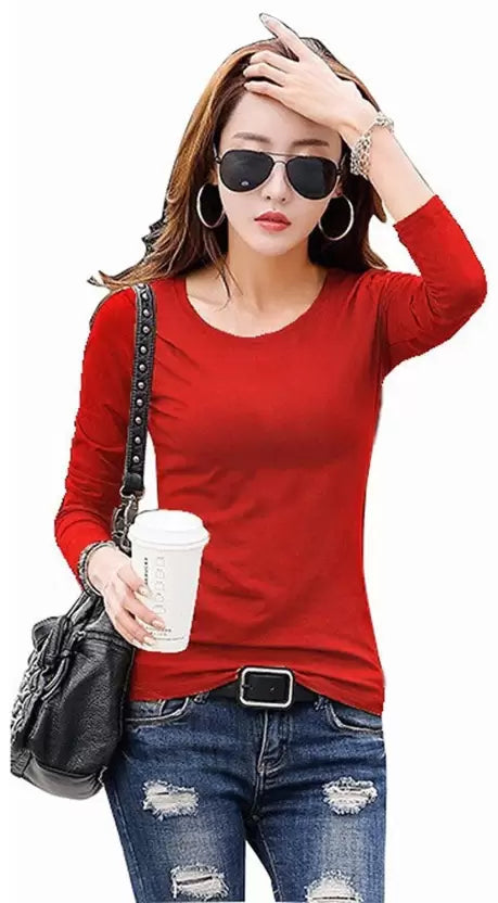 Women Solid Round Neck Elastane Red T-Shirt