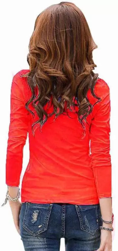 Women Solid Round Neck Elastane Red T-Shirt