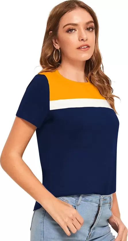 Women Colorblock Round Neck  Cotton Multicolor T-Shirt