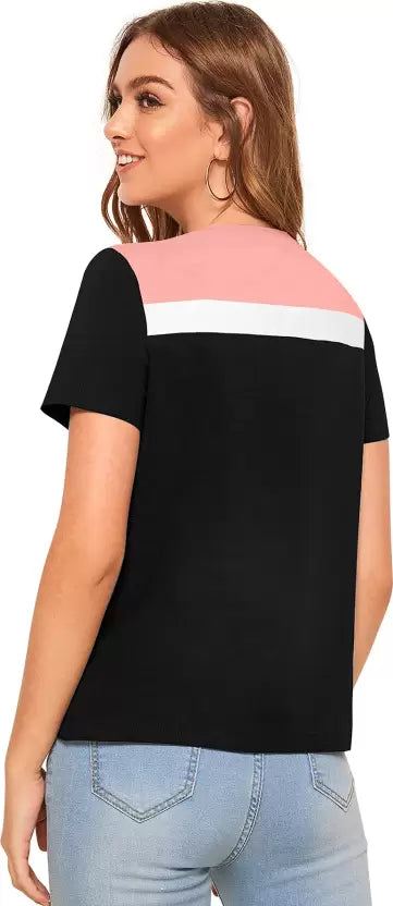 Women Colorblock Round Neck Polyester Pink T-Shirt