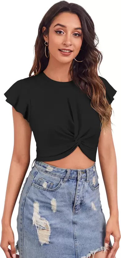 Women's Solid Casual Round Neck Short Sleeves Polyester Crop Top