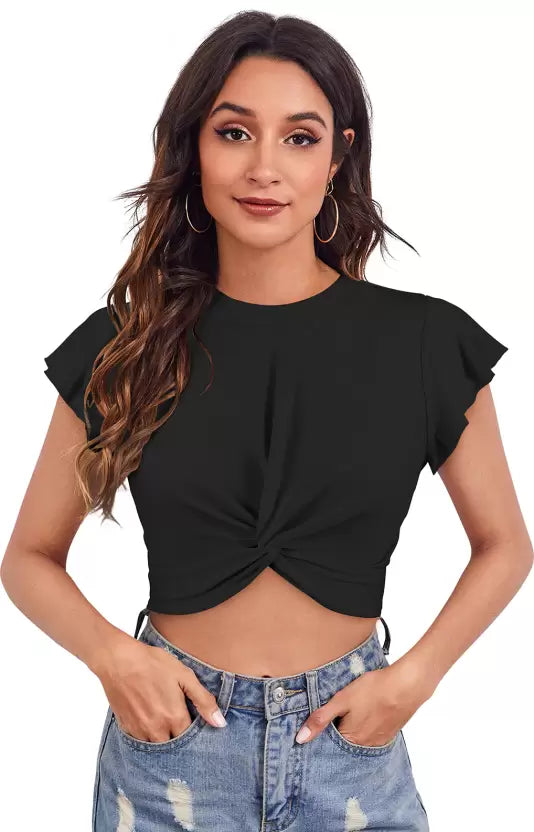 Women's Solid Casual Round Neck Short Sleeves Polyester Crop Top