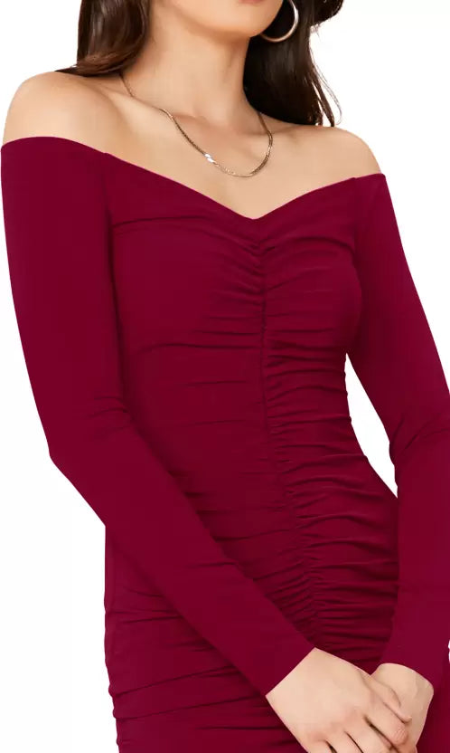 Women Ribbed Maroon Dress