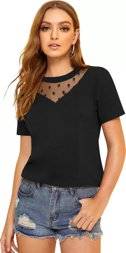 Casual Regular Sleeves Self Design Women Black Top