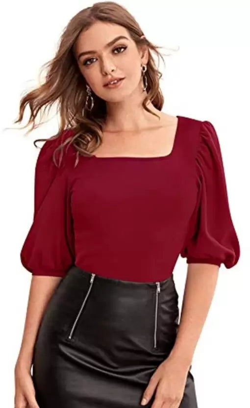 Casual Puff Sleeves Solid Women Top