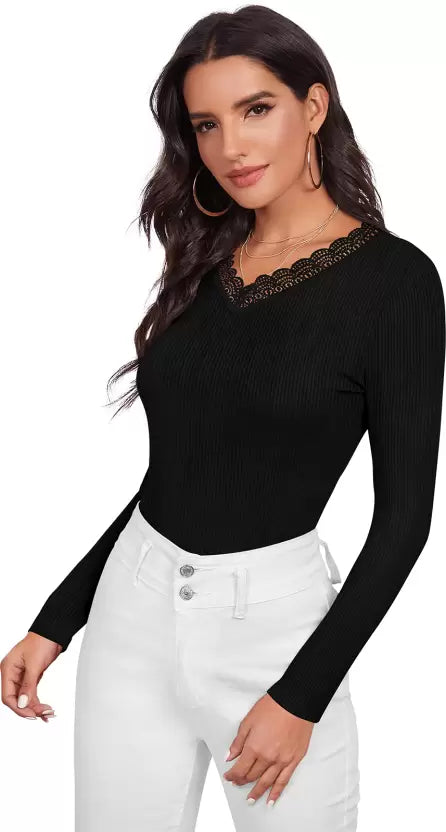 Casual Regular Sleeves Solid Women Black Top