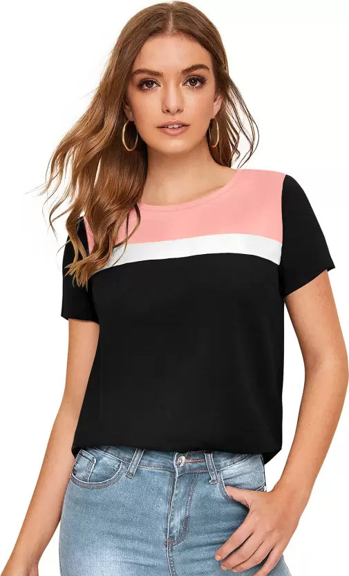 Women Colorblock Round Neck Polyester Pink T-Shirt