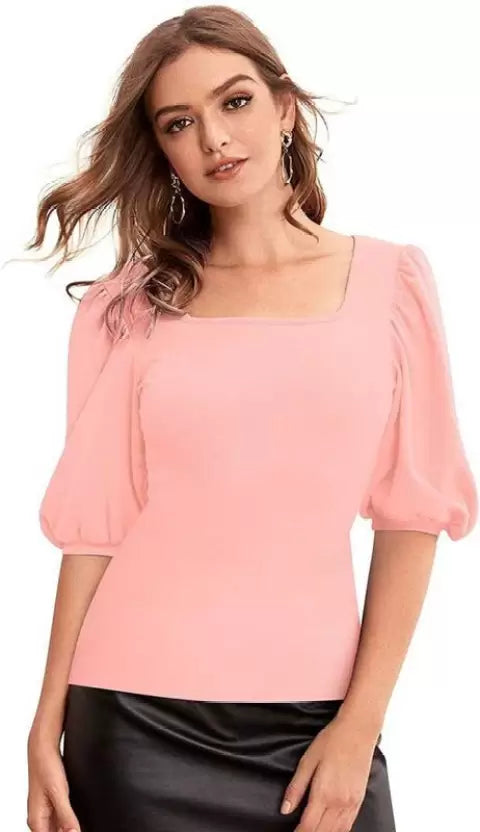 Casual Puff Sleeves Solid Women Top