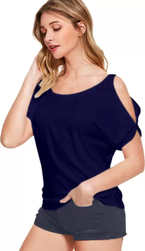 Women Solid Round Neck Polyester Blue T-Shirt