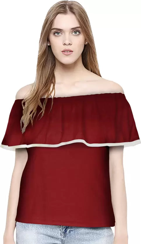 Casual Flared Sleeves Solid Women Maroon Top