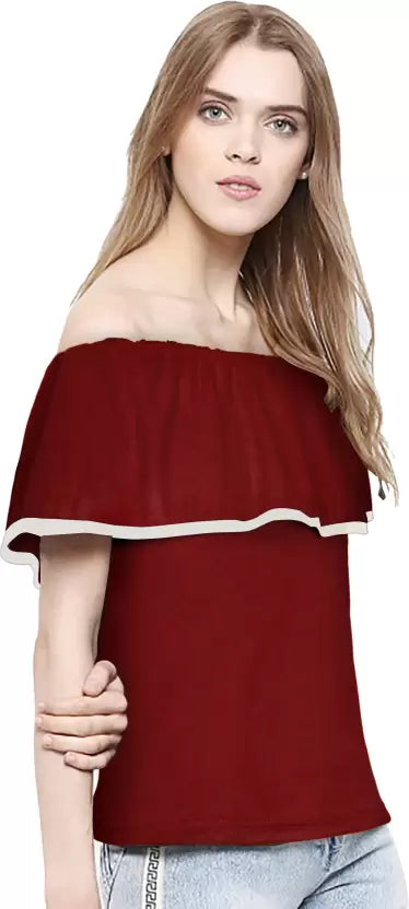 Casual Flared Sleeves Solid Women Maroon Top