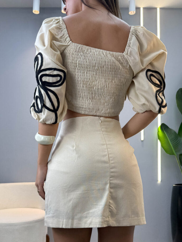 Openwork Bow And Short Skirt With Floral Rope Embroidery Coord Set