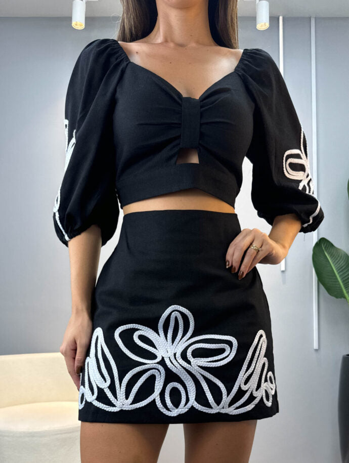 Openwork Bow And Short Skirt With Floral Rope Embroidery Coord Set