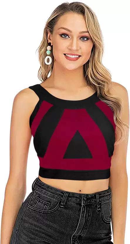 Casual Sleeveless Chevron/Zig Zag Women Maroon, Black Top