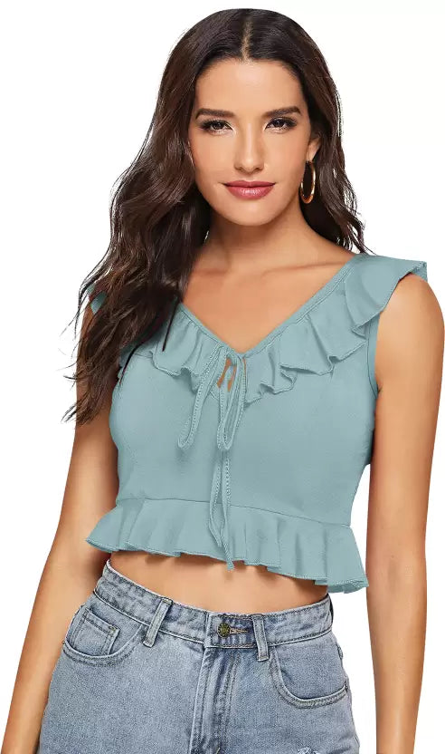 Casual Sleeveless Solid Women Light Blue Top