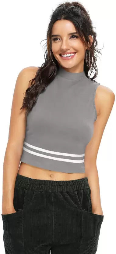 Casual Cotton Blend High-Neck Sleevesless Navy Blue Crop Top