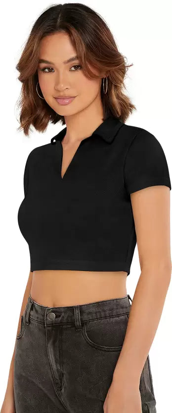 Casual Regular Sleeves Solid Women Black crop Top