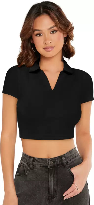 Casual Regular Sleeves Solid Women Black crop Top