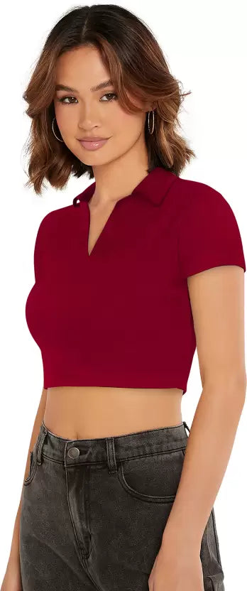 Casual Cap Sleeves Solid Women Maroon Top