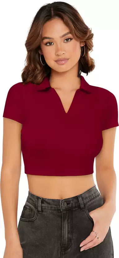 Casual Cap Sleeves Solid Women Maroon Top