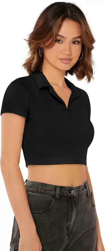 Casual Regular Sleeves Solid Women Black crop Top
