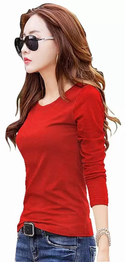 Women Solid Round Neck Elastane Red T-Shirt