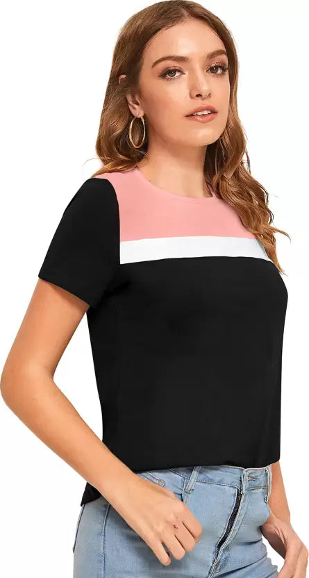 Women Colorblock Round Neck Polyester Pink T-Shirt