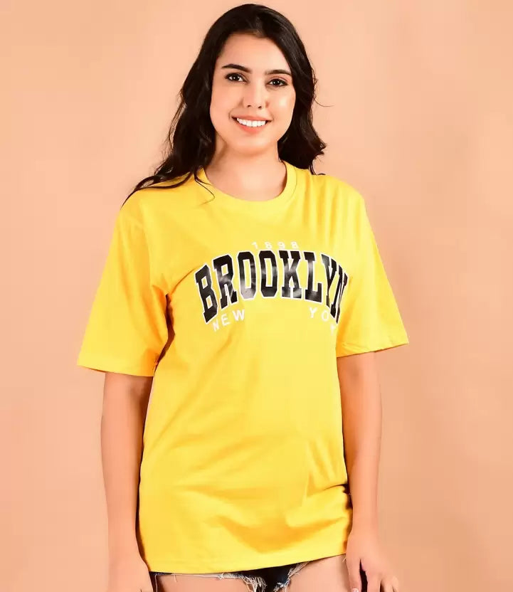 Women Typography Round Neck Cotton Blend T-Shirt