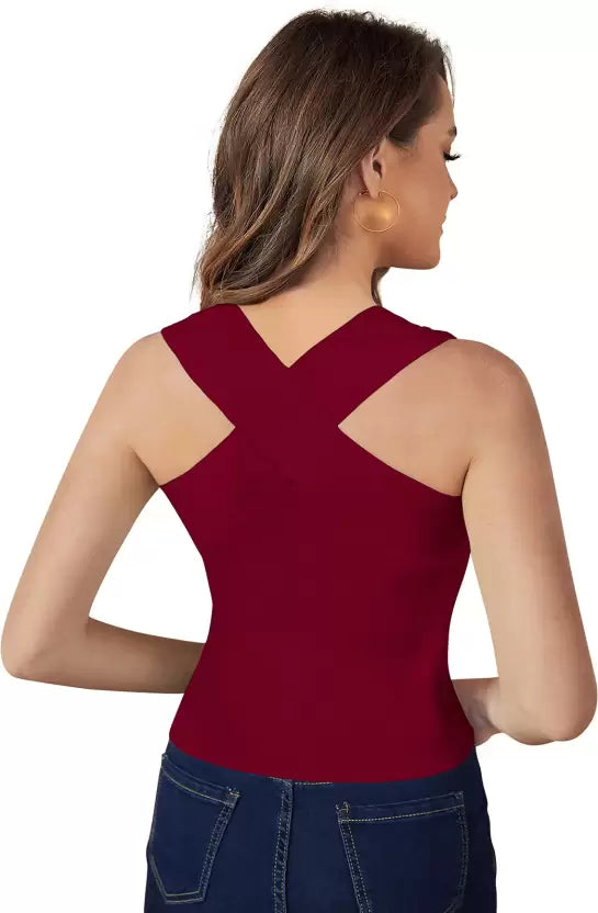 Casual Sleeveless Solid Women Maroon Top