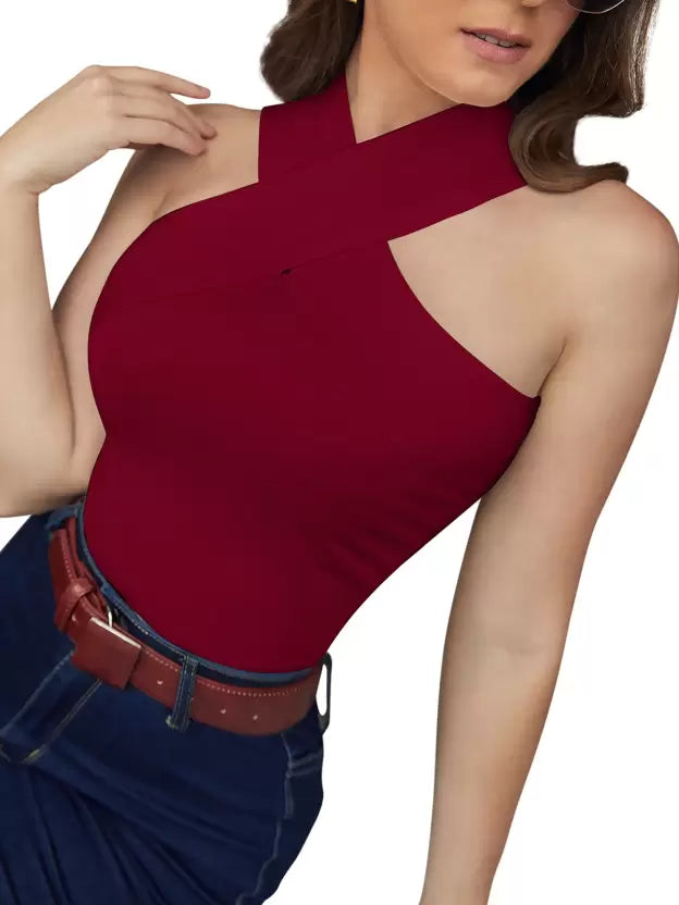 Casual Sleeveless Solid Women Maroon Top