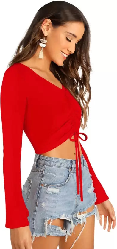 Casual Bell Sleeves Solid Women Red Top