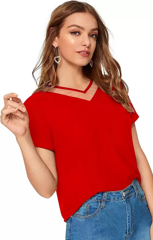 Women Colorblock Round Neck Cotton Blend Red T-Shirt